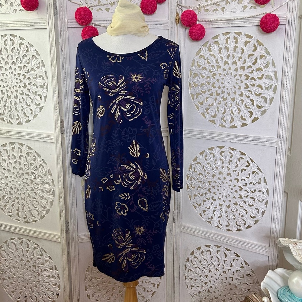 LulaRoe Debbie Indigo and Gold Dress